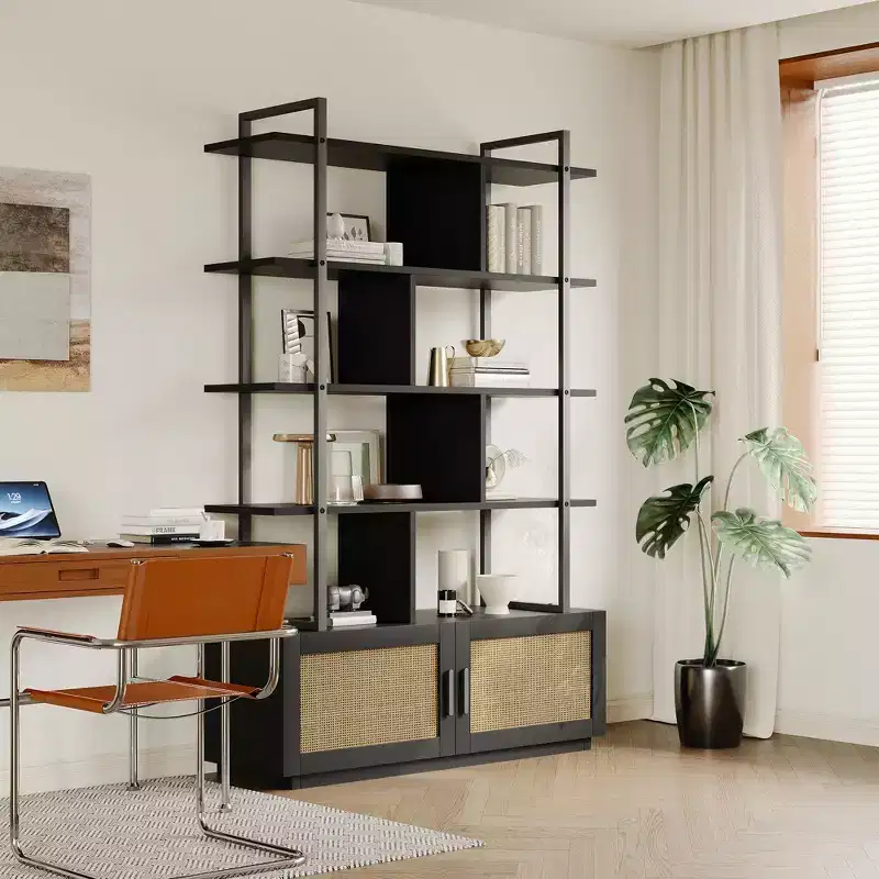 5-Tier Rattan Bookshelf with Storage Cabinet, 71.1 Tall Industrial Style Bookcase with Open Display Shelves and Metal Frame for Livingroom