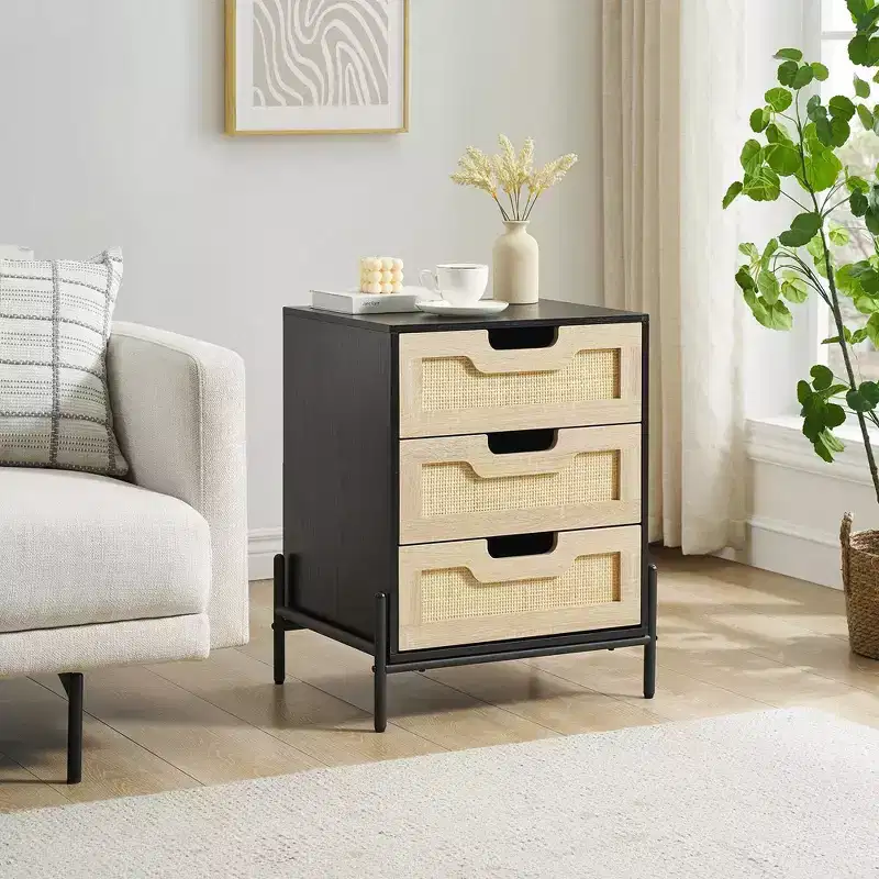 Nightstand, Rattan End Table, Nightstands with 3 Natural Rattan Drawers 1 or 2 pack