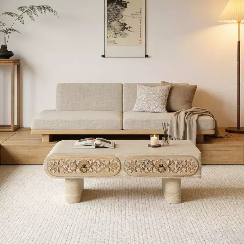 Modern Rounded Edge Coffee Table with Floral Drawer