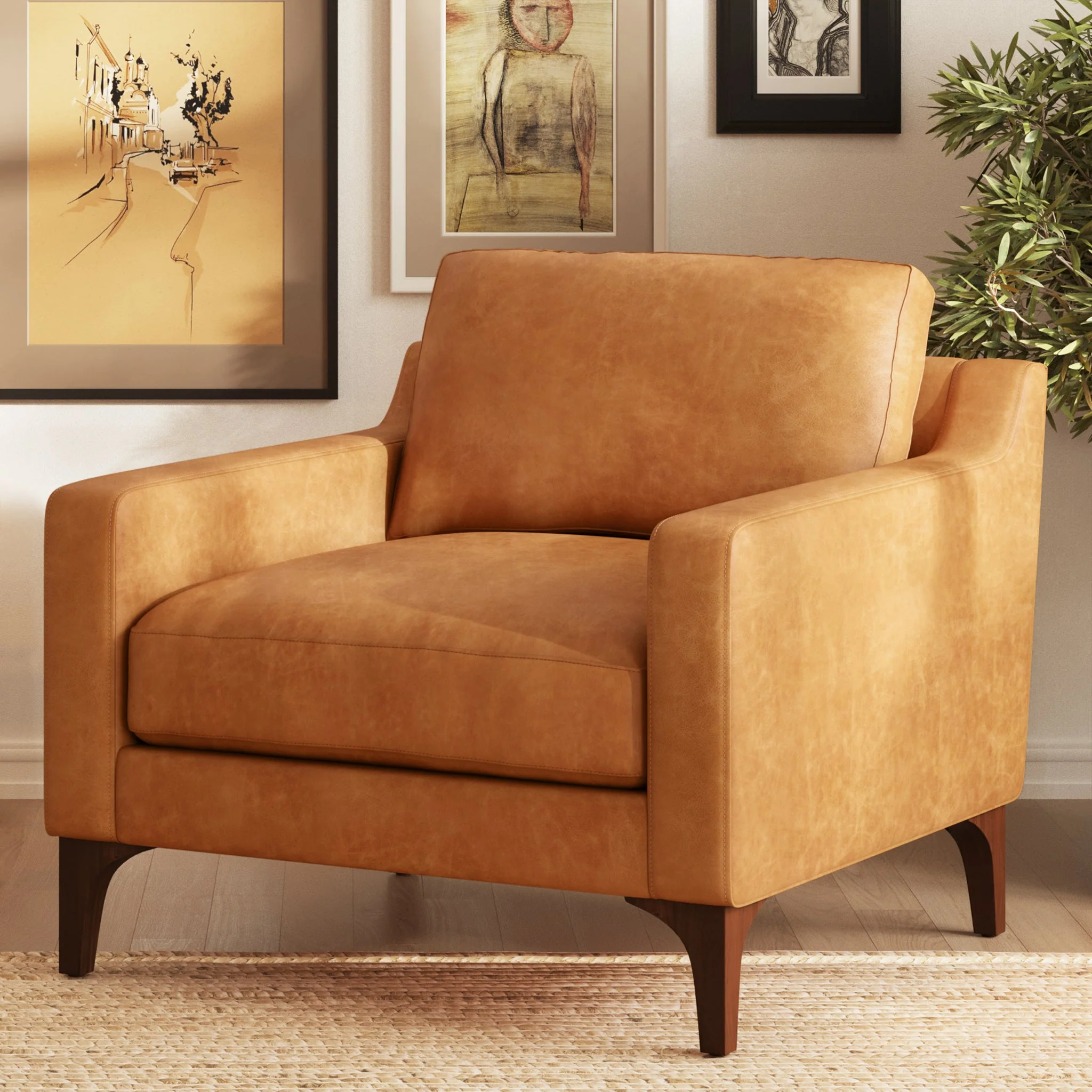 Modern Cognac Tan Leather Lounge Chair with Kiln-Dried Wood Frame