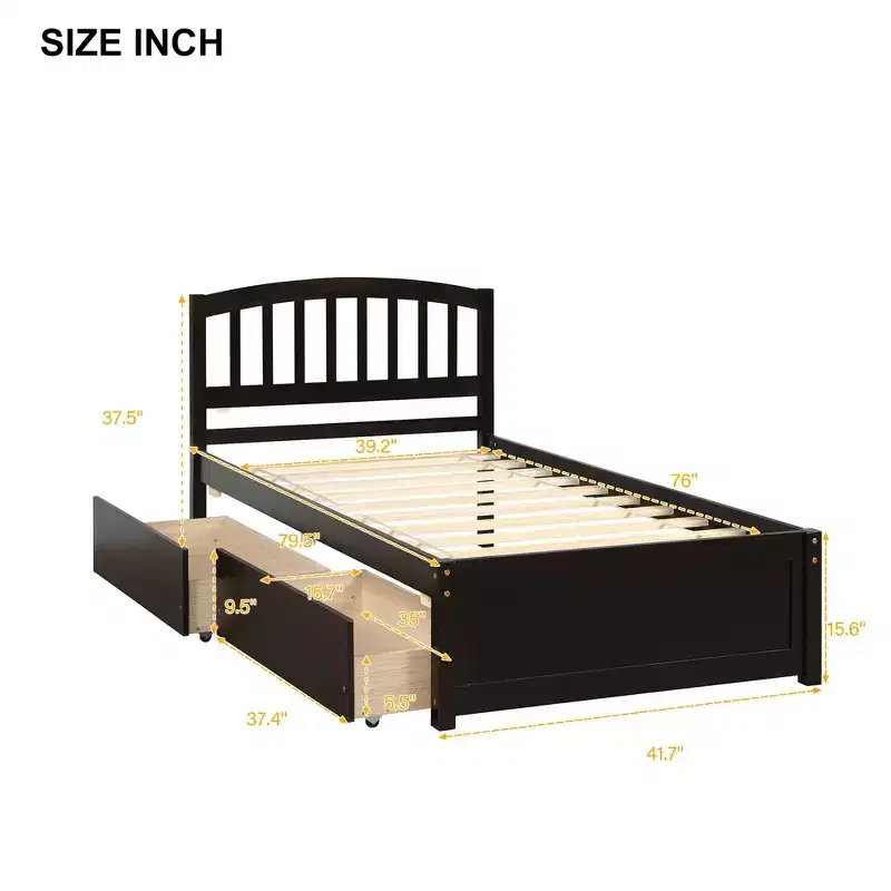 FAMYYT Twin Size Wood Platform Bed With 2 Storage Drawers, Easy Assembly