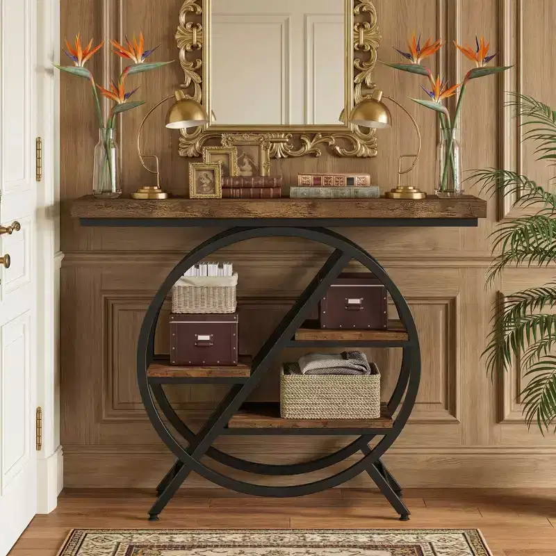 JVNOXK Industrial Chic Hall End Table with Round Metal Frame & Open Storage Shelves