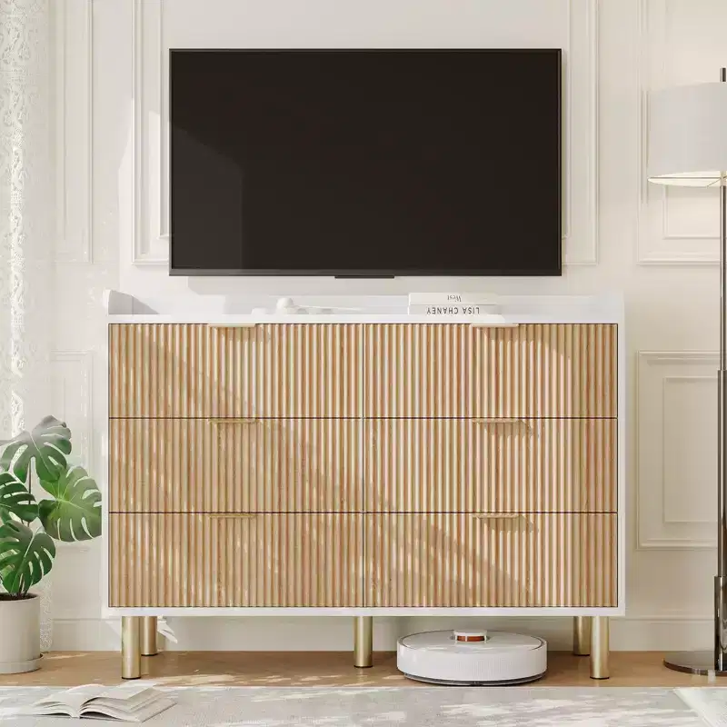 Dresser for Bedroom, 47.2 Fluted Wood Double Dresser with Metal Handles Curved Design Wide Storage Organizer Cabinet, Wood Storage Double