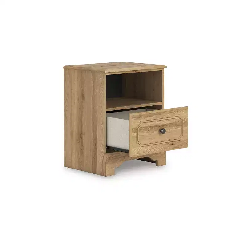 One Drawer Nightstand - Warm Brown Oak Grain Finish, USB-A & USB-C Charging, Open Shelf Storage