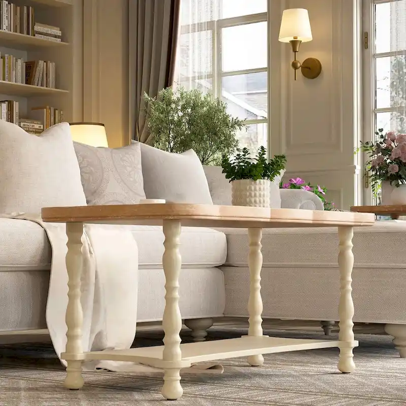French Farmhouse Coffee Table with Natural Tray Top and Shelf