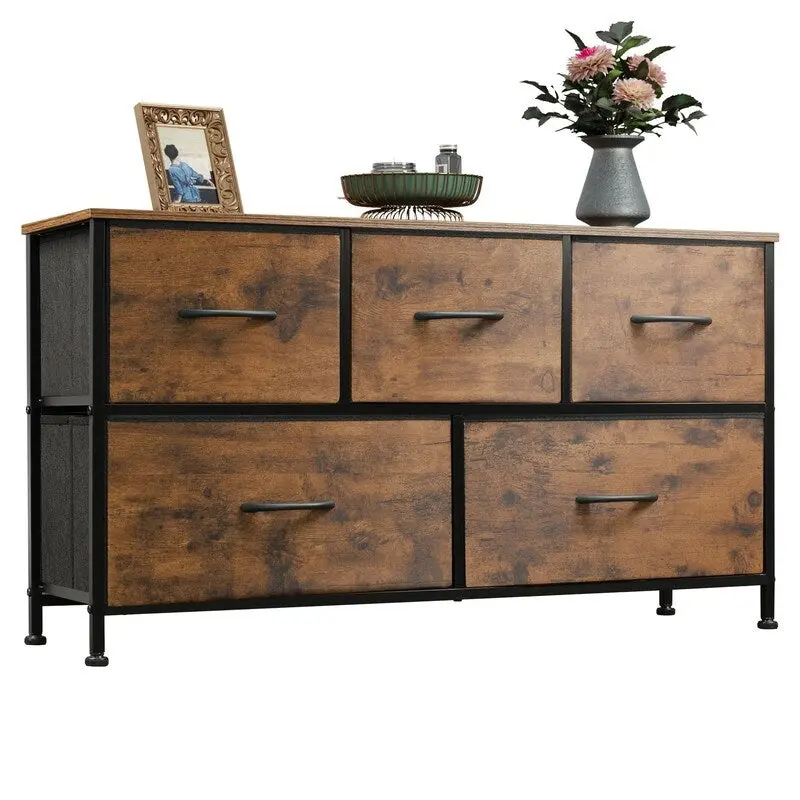5-Drawer Dresser with Wood Top – Pink & Rose Gold / Rustic Brown / Black & Brown / White, Steel Frame, Single