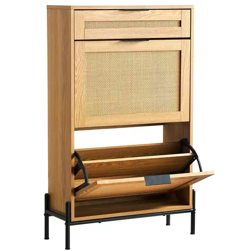 Rattan Shoe Cabinet Narrow Entryway Storage Organizer with 2 Flip Drawers Slide Drawer Metal Legs Boho Style Holds 12 Pairs of Shoes