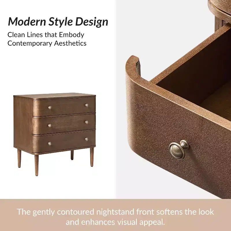 Noah Modern 26W 3-Drawer End Table Set of 2 with Solid Wood Legs Built-in Outlet|ART OF LIVING DESIGNS-WALNUT