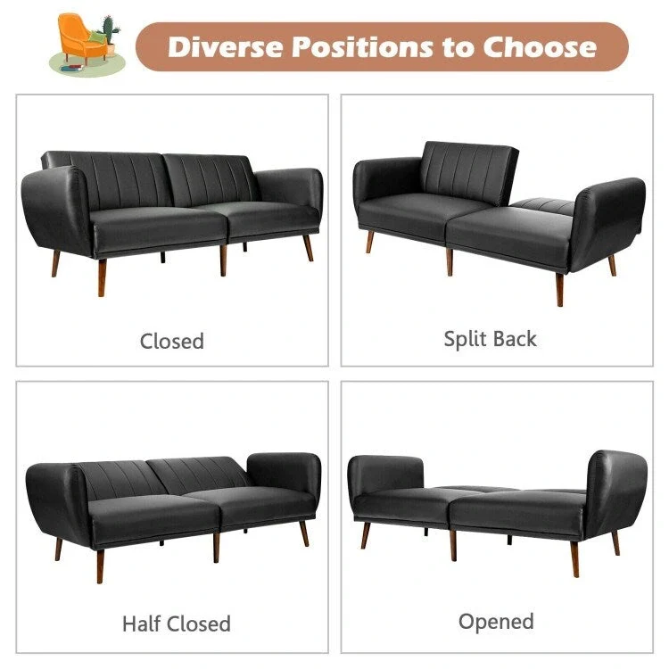 Convertible Sofa Bed with Adjustable Backrest and Faux Leather Upholstery