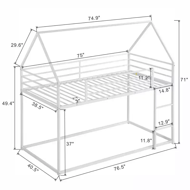 Metal Twin over Twin House-Shaped Bunk Bed with Built-in Ladder
