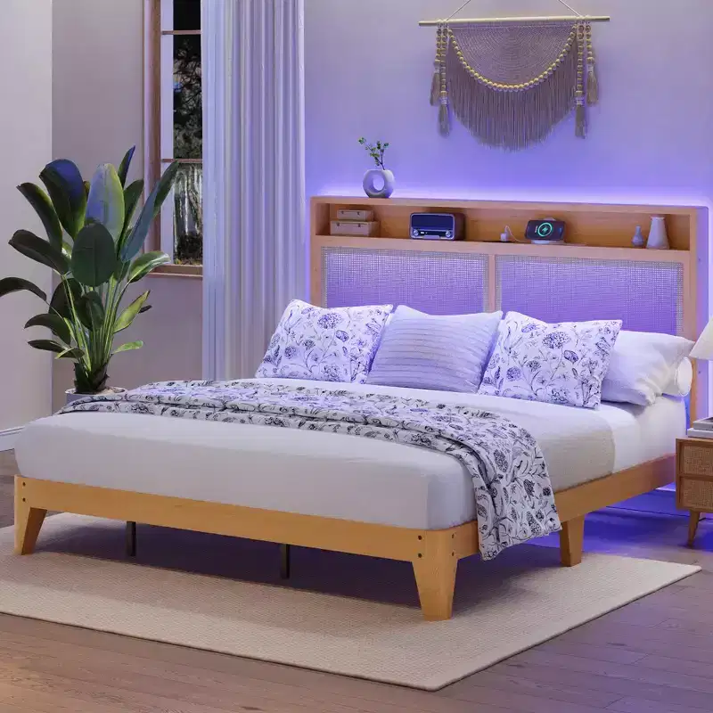 COZONY LED Bed Frame with Rattan Headboard, Built in Charging RGB Lighting Storage Design