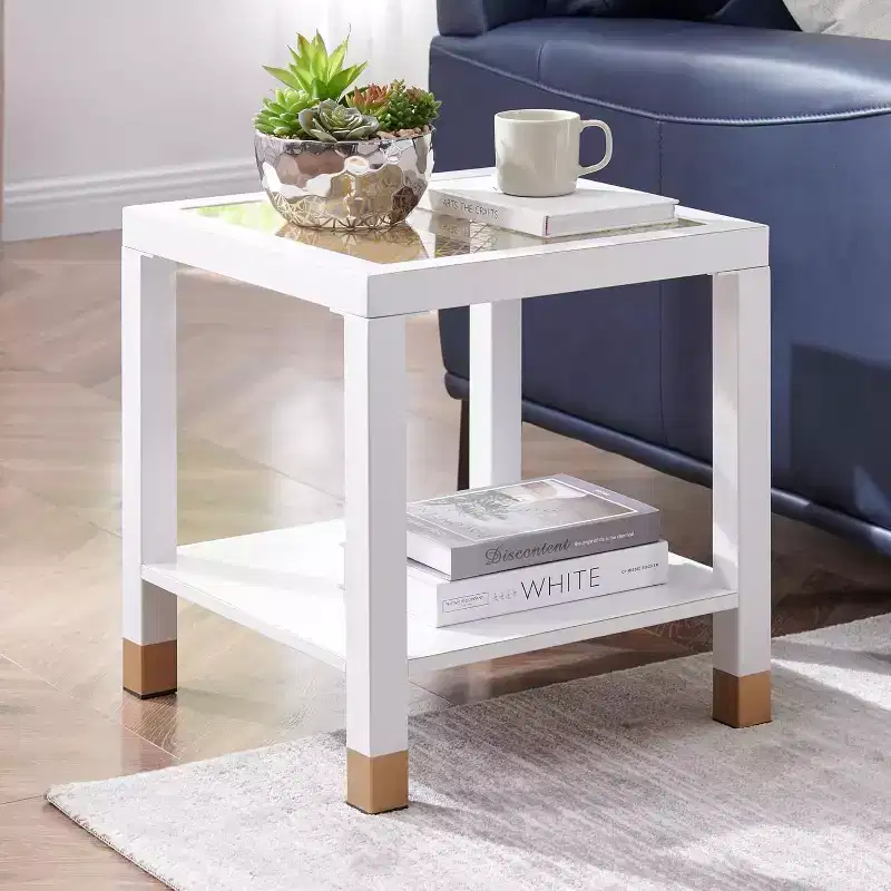 20 Modern 2-Tier Glass End Table with Metal Frame,Versatile Living Room & Bedroom Side Table