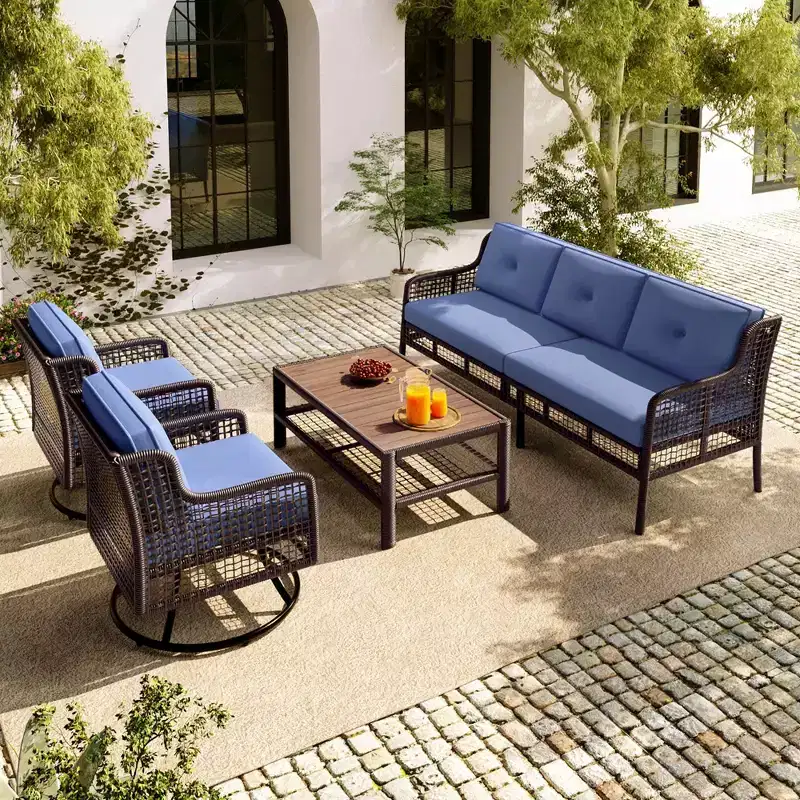 4-Piece Outdoor Wicker Patio Set with Swivel Chairs, Rattan Sectional Sofa for 5-Person, Poolside Backyard Deck Conversation Set Blue