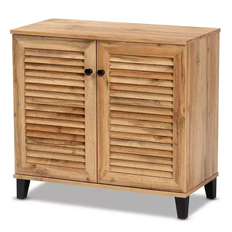 Wood 2-Door Storage Cabinet Oak Brown - Nautical Style, 4 Fixed Shelves, Wood Frame