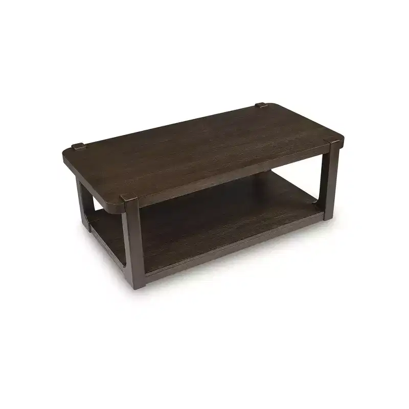 Signature Design by Ashley Breckington Coffee Table - Dark Brown Wood Finish with Rolling Casters, Lower Shelf Storage