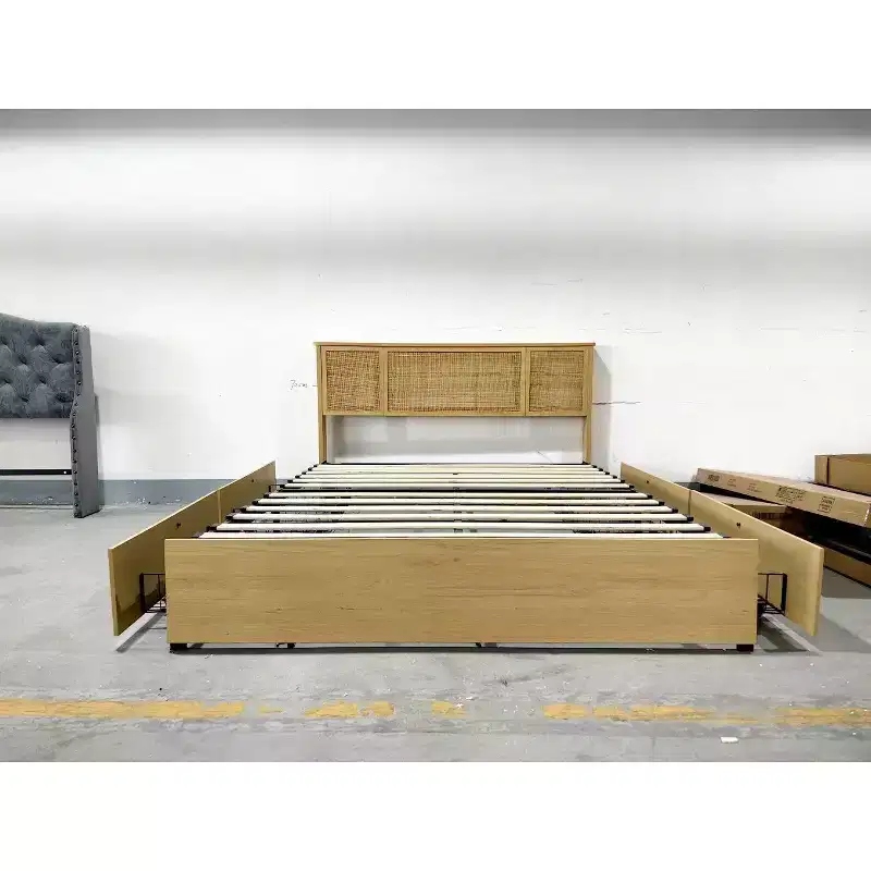 Boho Bed Frame with Natural Rattan Headboard, Metal Platform, Strong Wooden Slats Support, Sturdy Mattress Foundation, No Box Spring Needed.