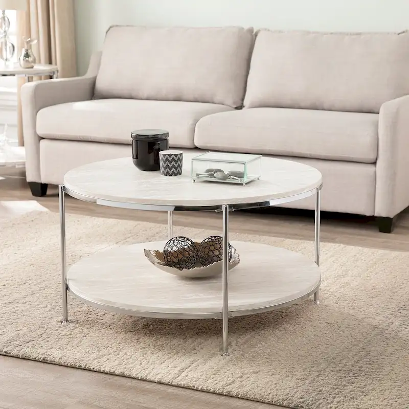 SEI Furniture Henderson Modern Faux Marble Round Coffee Table with Bottom Shelf
