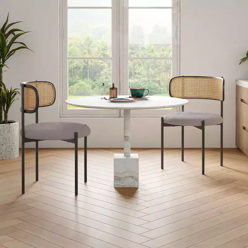 PexFix 4Pcs Modern Upholstered Dining Chairs Rattan Back Dining Room Chairs Accent Kitchen Chairs with Metal Legs Light Gray