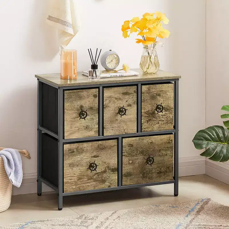 Wooden Top Dresser with 5 Fabric Drawers, Bedside End Table, Easy Pull Handle, Gray