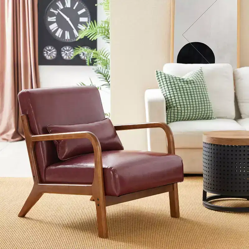 Mid-Century Modern Leatherette Arm Accent Chair Walnut Rubberwood Frame Burgundy - Glitzhome: Upholstered, 300lb Capacity