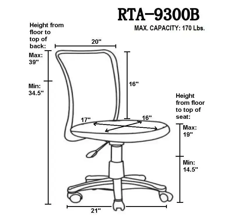 Mesh Task Office Chair Black - Techni Mobili: Pneumatic Height Adjustment, 5-Star Base, Armless