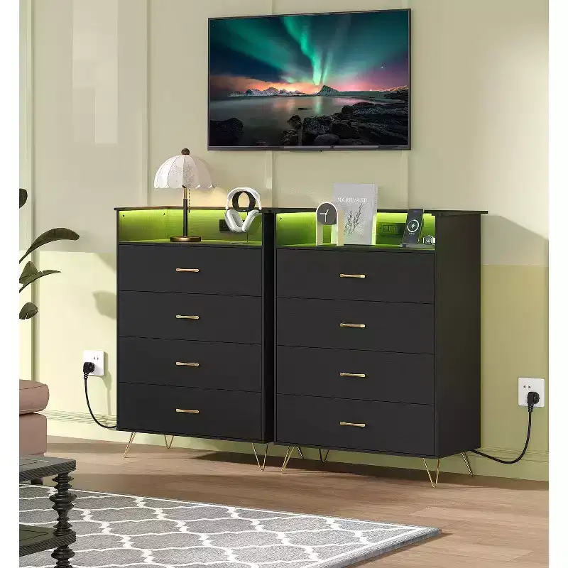 4-Drawer Dresser with RGB Lights & Charging Station, App Controlled Music Sync LED Dresser, Wooden Chest of Drawers for Bedroom, Closet, Living Room