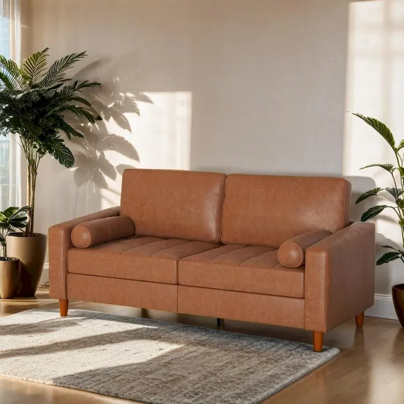 Mid-Century Faux Leather Sofa with Tapered Wood Legs and Bolster Pillows – Brown / Blue, 2-Person / 3-Person Use