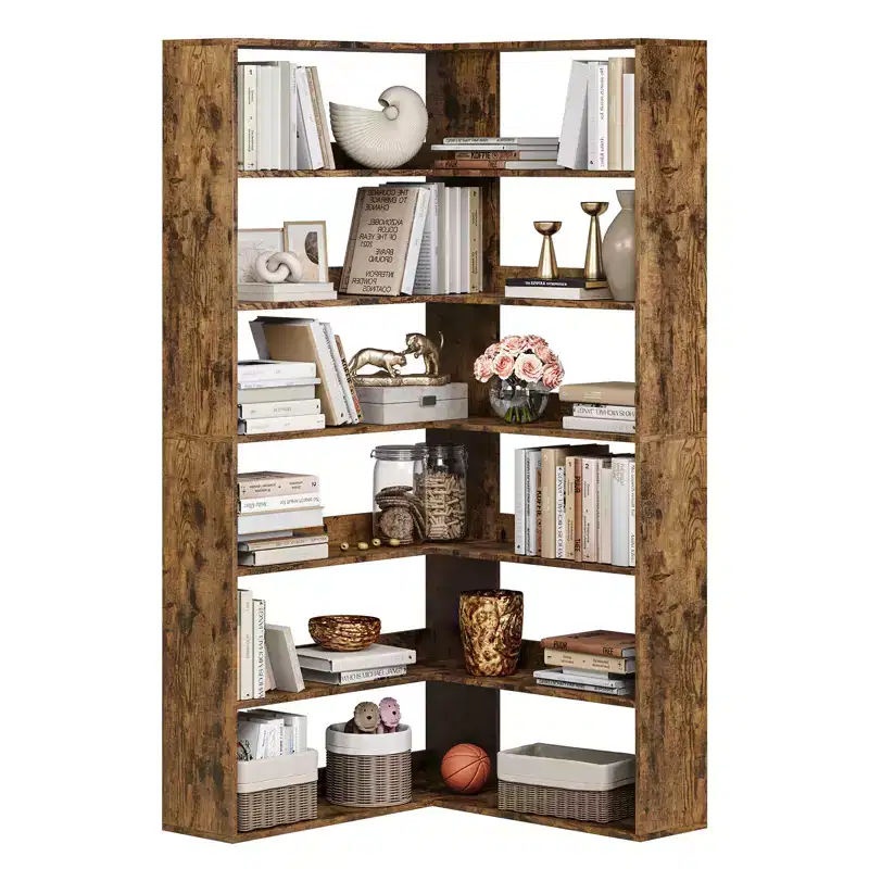 71 Tall Farmhouse 6-Tier L-Shaped Corner Bookshelf, Wooden Modern Bookcase with Open Storage for Living Room & Office