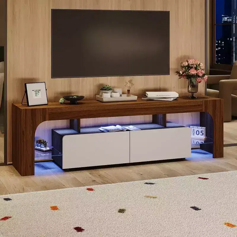 Modern TV Stand with Large Storage Drawer for up to 70 Inch TVs, Wood Farmhouse TV Console with Glossy Entertainment Center for Living Room,Bedroom
