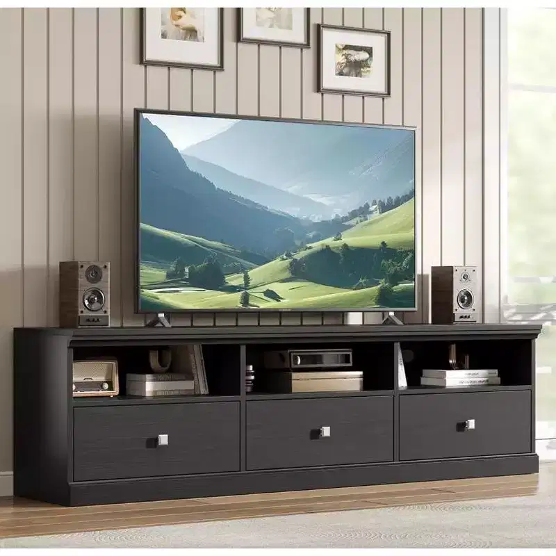 3-Drawer TV Stand - Black, Large Storage Media Console for Living Room