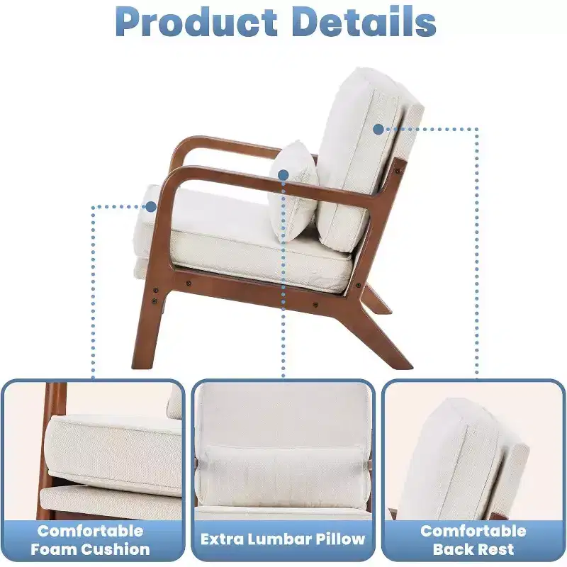 Summit Adventure Mid Century Modern Accent Chair with Arms Waist Cushion Solid Wooden Frame Cream Lounge Chair