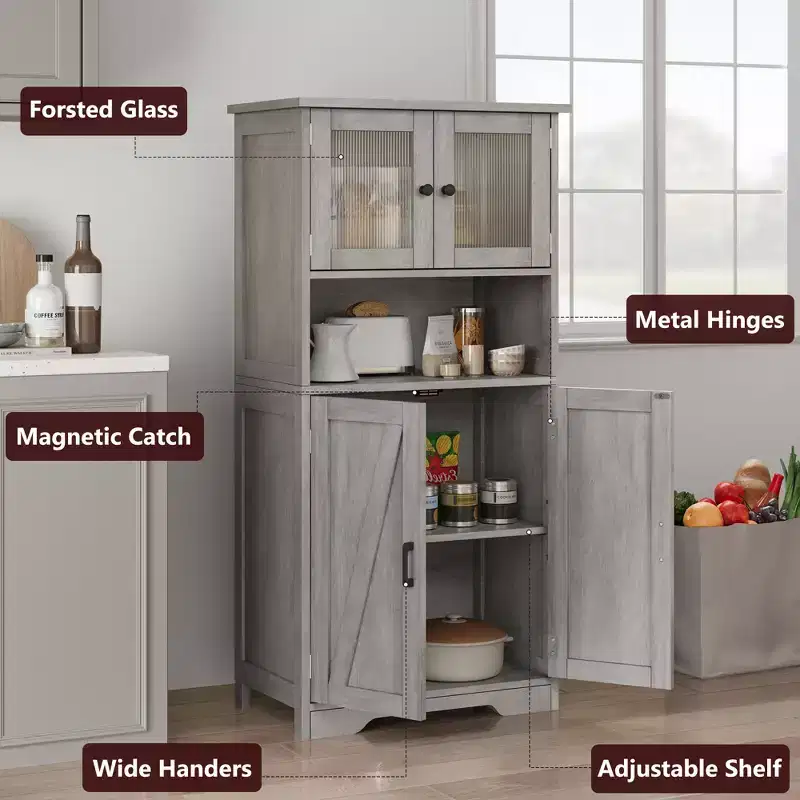 50 Tall Kitchen Cabinet with Glass Doors and Adjustable Shelves for Kitchen, Pantry, Living Room, White