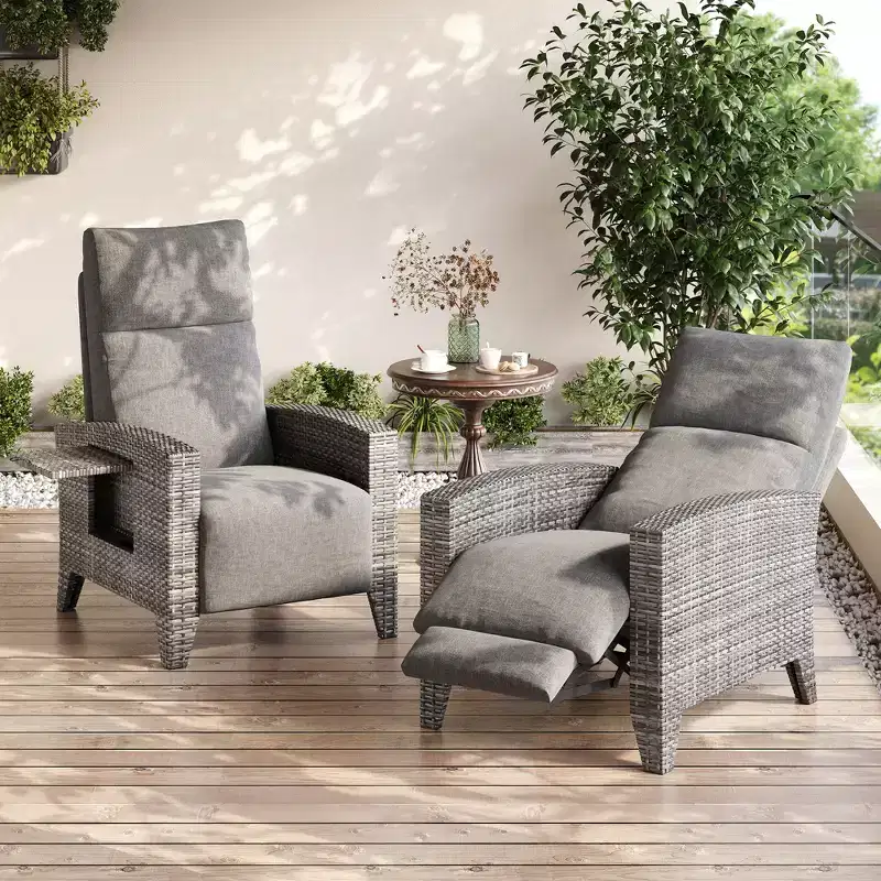 Wicker Recliner Chair with Adjustable Back & Footrest,150 Lay Flat Rattan Reclining Patio Chair with Extendable Side Table & Air Pump