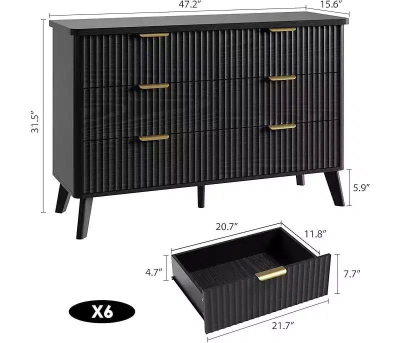 6 Drawers Dresser for Bedroom, Wide Dressers with Curved Profile Design, Fluted Wood Drawers with Gold Handle, Chest of Dressers Thickened Design