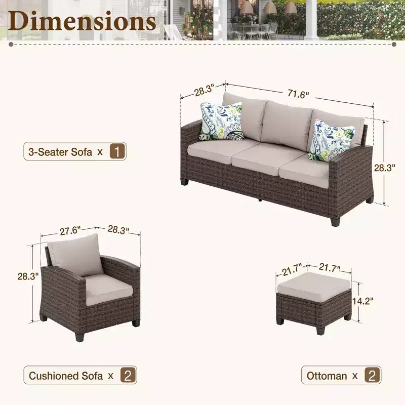 Captiva Designs 5pc Outdoor Patio Wicker Rattan Conversation Set with Cushioned Chairs for Garden Poolside Backyard