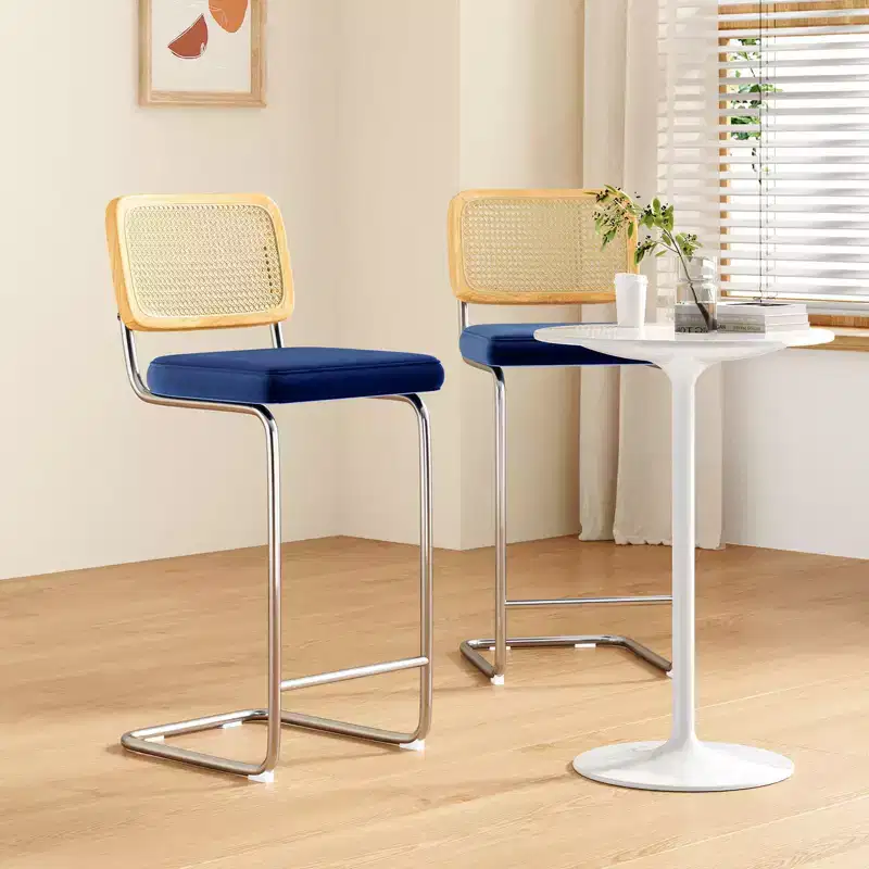 PexFix 2Pcs Counter Height Bar Stools Upholstered Velvet Barstools with Rattan Back 30 Height Stools Armless Bar Chairs for Kitchen Island Blue