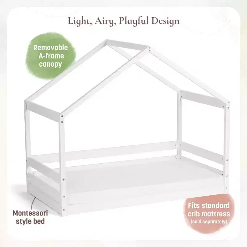 Trellis House Toddler Bed, Safe Low-Profile Kids Bed Frame with House-Shaped Headboard