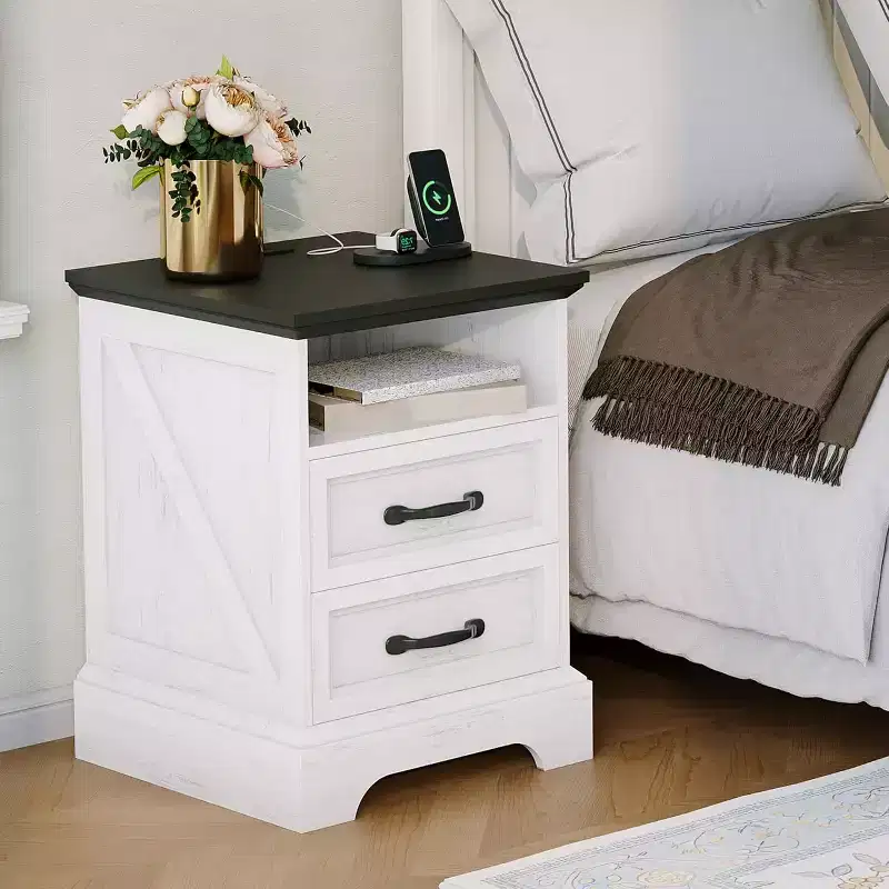 Acekool Farmhouse Rustic Nightstand with Charging Station, Modern Wood Bedside Table with 2 Drawers & Open Shelf, White Accent End Table