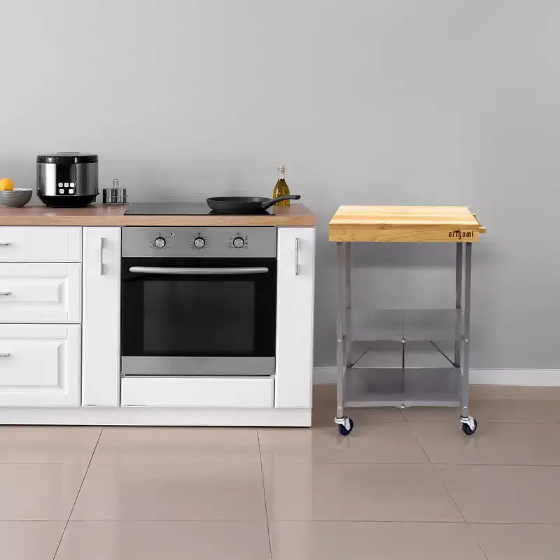 Foldable Kitchen Island Cart, Wheeled Rolling Storage Cart with 2 Shelves, Portable Prep Table for Kitchen, Dining Rooms, and Patios