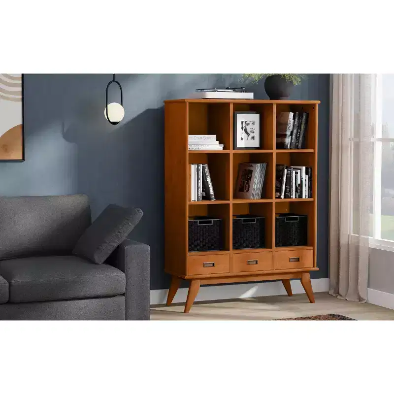 42 inch Wide Solid Hardwood Mid-Century Storage Bookcase in Teak Brown