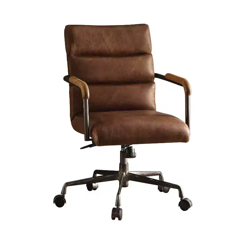 Okak Top Grain Leather Desk Chair, Executive Office Chair with Wooden Armrests and Metal Frame, Stylish Comfy Chair for Home, Office