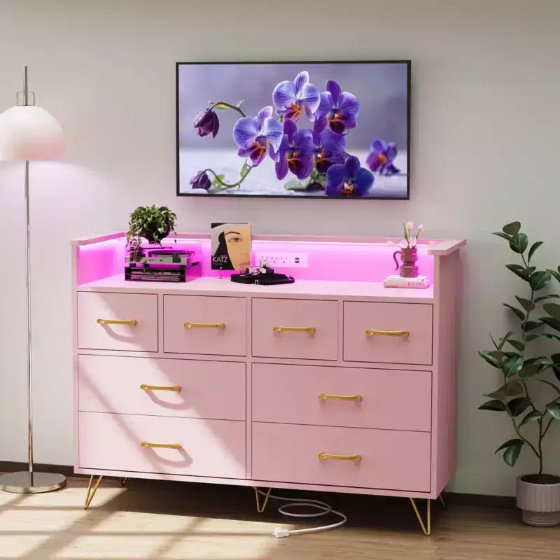 8-Drawer Dresser with Power Outlet, LED Lights & Gold Handles, Modern Wood Chest, White