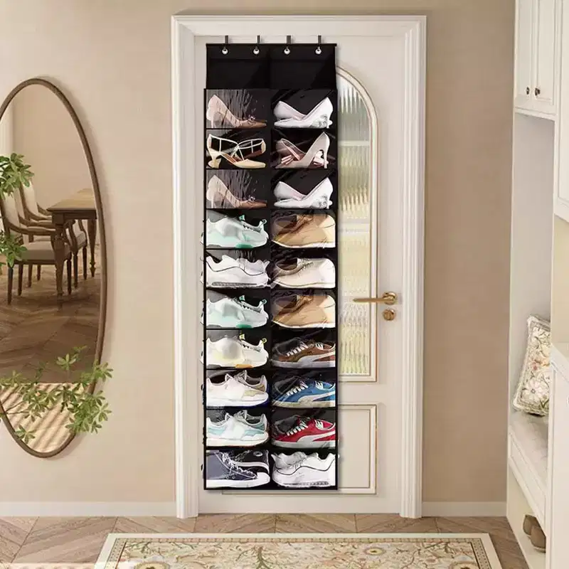 Over The Door Shoe Organizer, Hanging Shoe Rack - 20 Large Pockets, 10 Tier Oxford Fabric with 4 Metal Hooks, Fits Size 16 Shoes, 64H x 20W x 7D