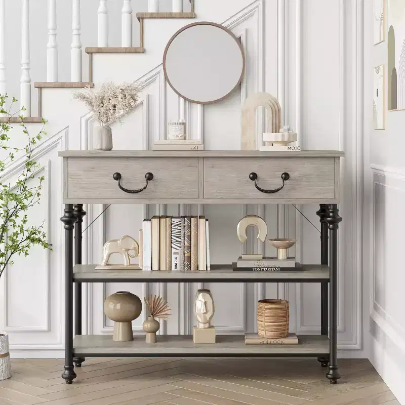 Console Table with 2 Drawers and Storage Shelves, Grey / Retro Color