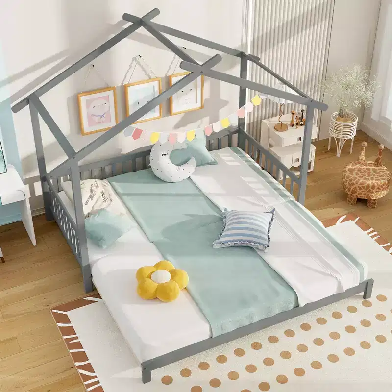 Costway Wooden House Bed Twin to King Daybed w/ Safety Rails & Decorable Roof