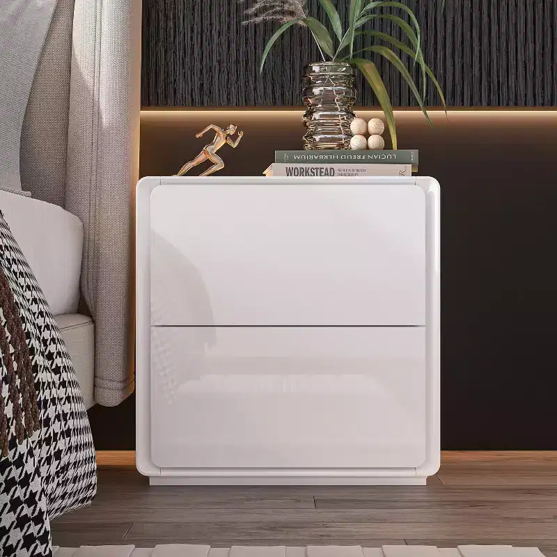 Modern Nightstand with LED Light & 2 Drawers, High-Gloss White, 110 lb Capacity