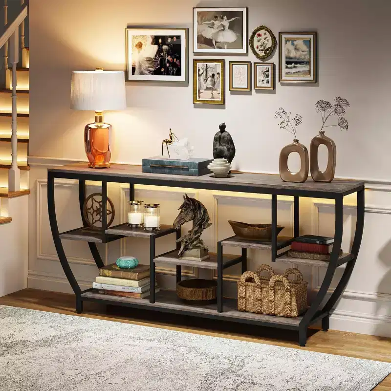 Lantine 70.9-Inch Long Sofa Table with Shelves, Rustic Industrial Console Table and TV Stand for Living Room, Hallway, Foyer, Grey