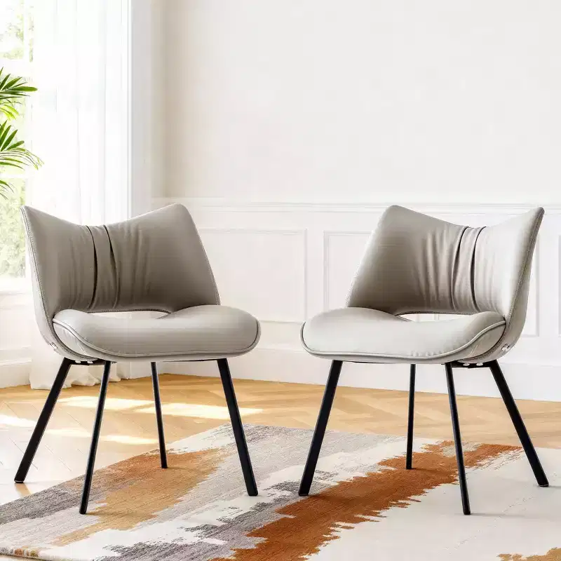 Chic Modern Upholstered Dining Chair with Curved Back and Black Metal Legs - Light Grey