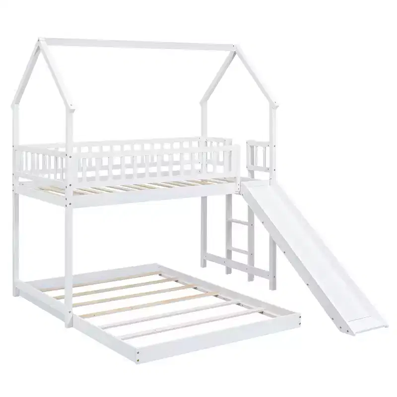 Whisen House Roof Design Twin over Full House Bunk Bed with Slide and Built-in Ladder