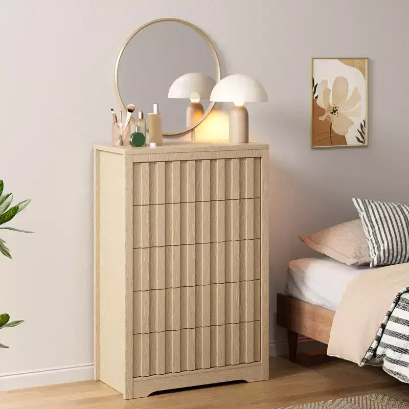 COZONY Tall Fluted 5-Drawer Modern Wooden Dresser  Handleless Chest with Deep Storage for Bedroom, Living Room & Hallway, Natural Oak
